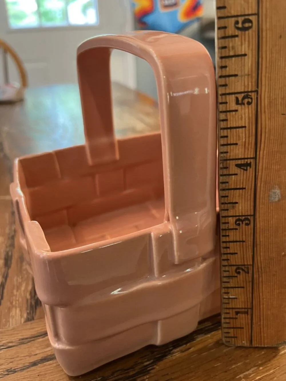 Vintage Ceramic Basket Planter Glossy Peach Finish With Woven Pattern